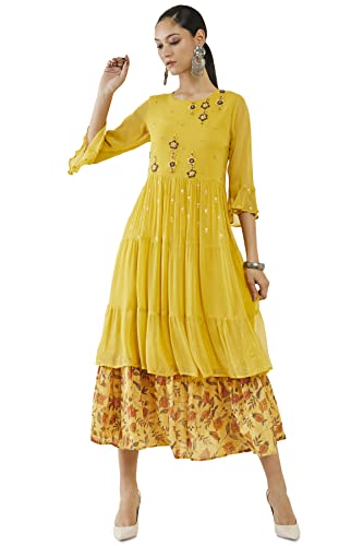 Soch Women Yellow Georgette Embroidery Dress Kurta (Yellow_L)