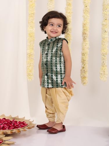 Jbn Creation Infant Boys Green And Gold Silk Blend Kurta And Dhoti Set