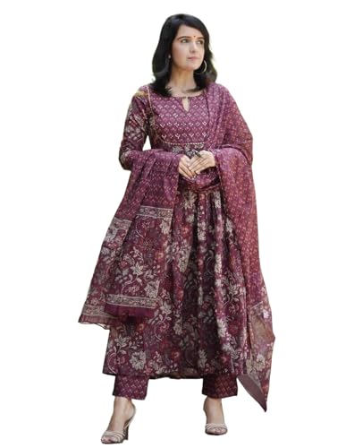 Alvami Women Anarkali Kurta and Pant Set with Dupatta (S) Maroon