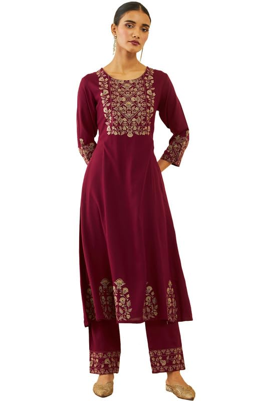 Soch Womens Maroon Rayon Floral Embroidered Round-Neck Kali Kurta Sets