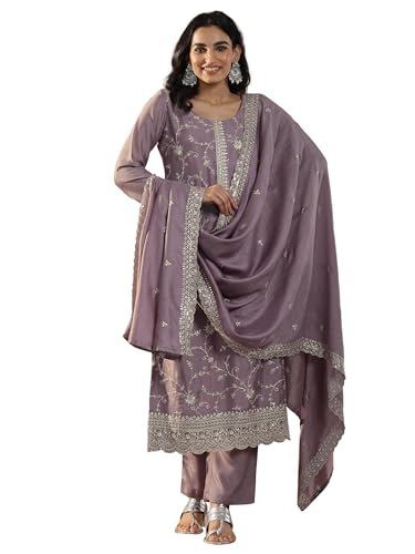 Libas Womens Embroidered Silk Blend Straight Kurta With Trousers And Dupatta_49517R_Mauve_2Xl
