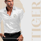 Indoprimo MenS Satin Stylish Club Wear Tiger Diamond Print Shirt Full Sleeve White