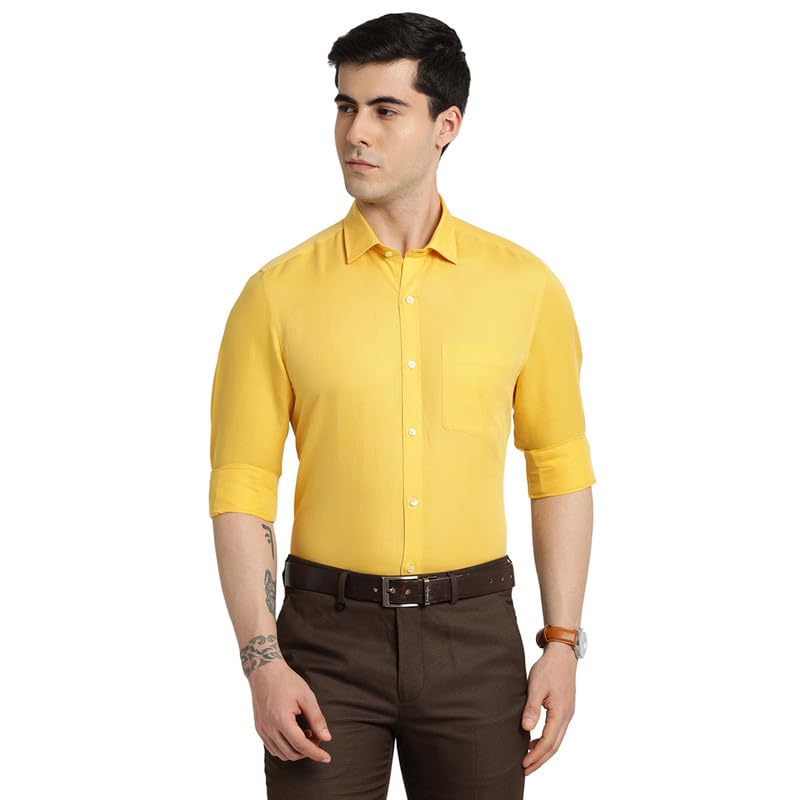 Turtle Men Cotton Linen Yellow Plain Slim Fit Full Sleeve Formal Shirt
