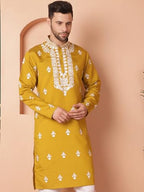 Jompers Men Mustard Chikankari Embroidered Kurtas