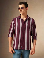 Dennis Lingo Men Stripes Cotton Poly Relaxed Fit Full Sleeves Shirt Maroon