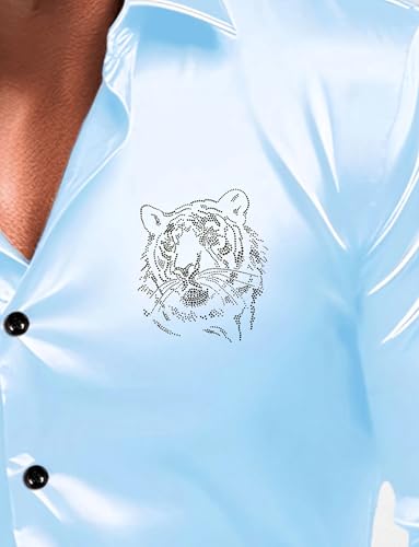 Indoprimo MenS Satin Stylish Club Wear Tiger Diamond Print Shirt Full Sleeve Sky