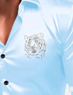 Indoprimo MenS Satin Stylish Club Wear Tiger Diamond Print Shirt Full Sleeve Sky