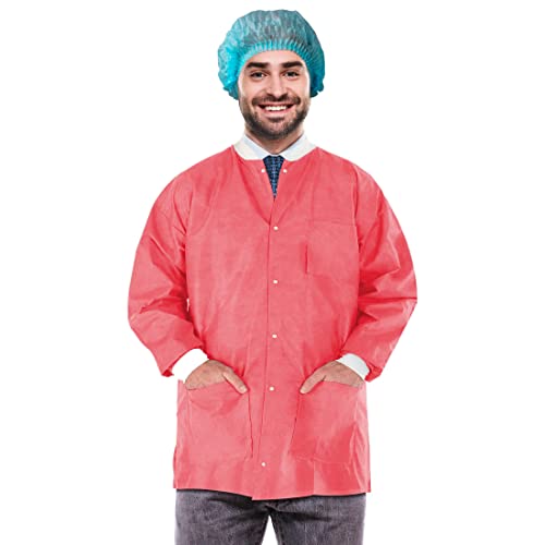 EZgOODZ Disposable Lab Jackets 31 Long Pack of 100 Tan Hip-Length Work gowns Large SMS 50 gsm Shirts with Snaps Front Knit cuffs