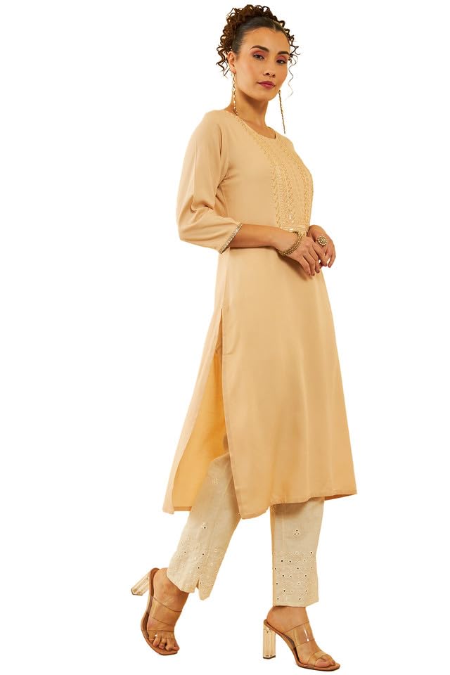 Soch Womens Earth Rayon Yoke Design Straight Kurta With Sequins