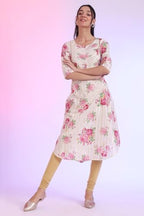 Aurelia Women'S White Printed Cotton Blend A-Line Kurta