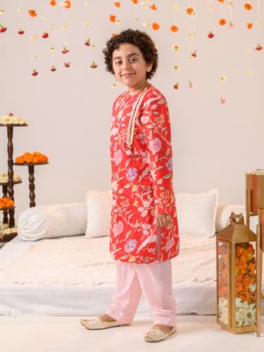 Pspeaches Boys Floral Printed Gotta Patti Pure Cotton Kurta With Pyjamas