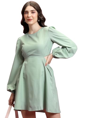 Ketch Cotton Blend Women Casual Fit Green Dress Above The Knee Khj6000635
