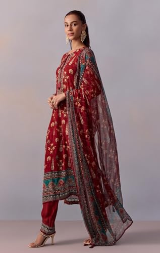 ANNI DESIGNER Womens Rayon Viscose Straight Printed Kurta with Pant & Dupatta (Malta RED_XL_Red_X-Large)