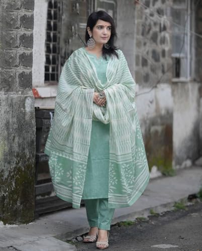 ANNI DESIGNER Womens Cotton Blend Printed Straight Kurta with Pant & Dupatta (PRAGYA See Green_L_See Green_Large)