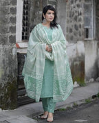 ANNI DESIGNER Womens Cotton Blend Printed Straight Kurta with Pant & Dupatta (PRAGYA See Green_L_See Green_Large)