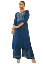 Soch Womens Navy Blue Rayon Slub Floral Embroidered Straight Kurta Sets