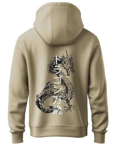 ADRO Mens Hoodies with Hail The Dragon Puff Backside Printed, 100% Cotton 340GSM. (H23-M-DRA-BE_Beige_M)