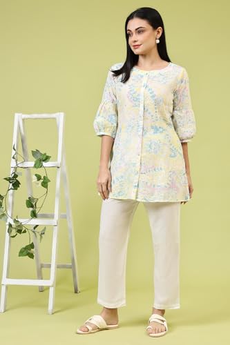 W For Woman Light Yellow Floral Printed Schiffli Embroidered Fusion Top