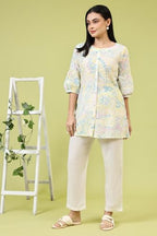 W For Woman Light Yellow Floral Printed Schiffli Embroidered Fusion Top