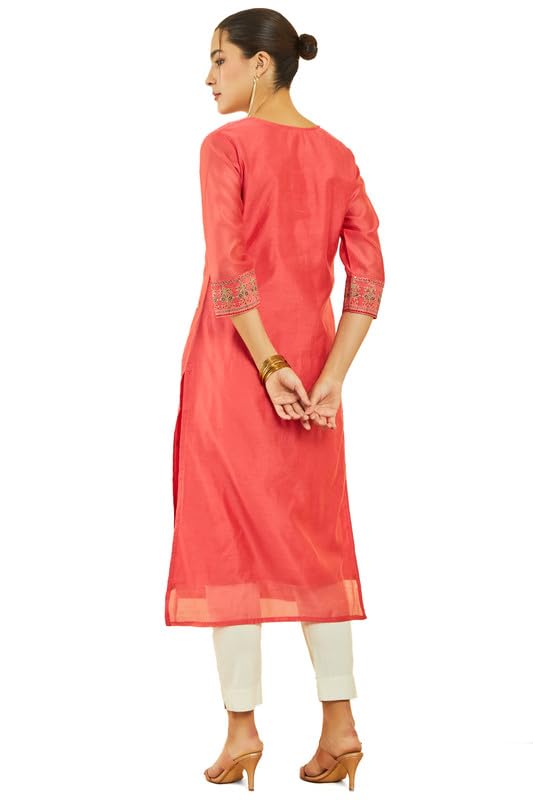 Soch Womens Chanderi Embroidescoop-Neck Straight Kurta With Pocket