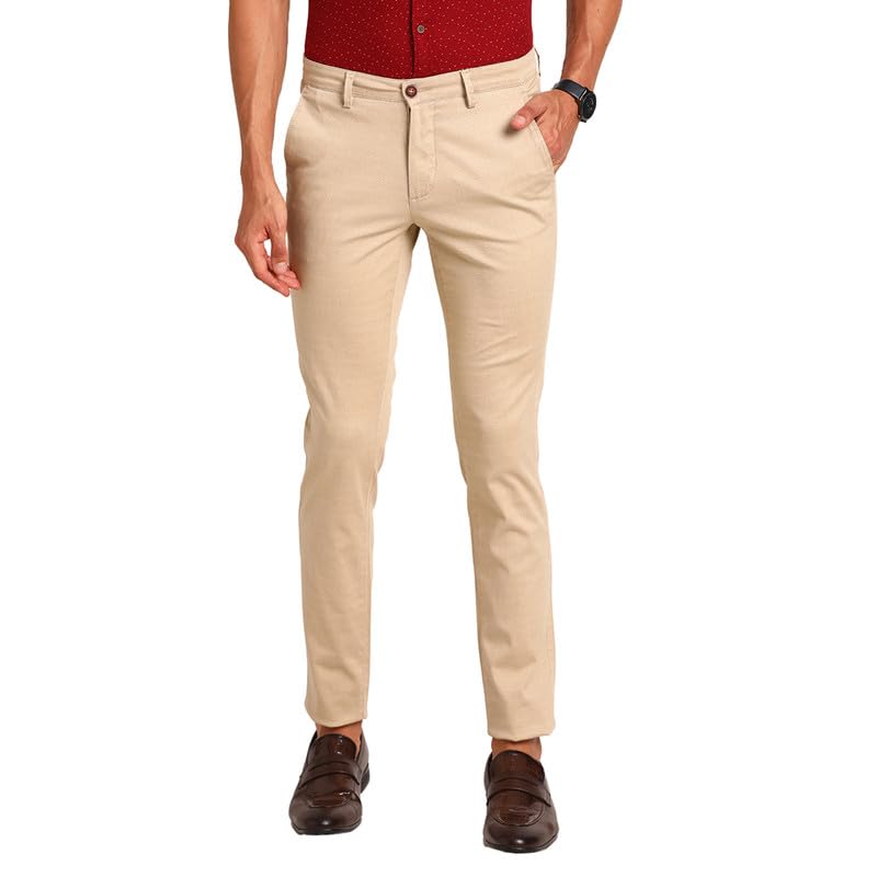 Turtle Men Cotton Stretch Beige Check Narrow Fit Casual Trouser