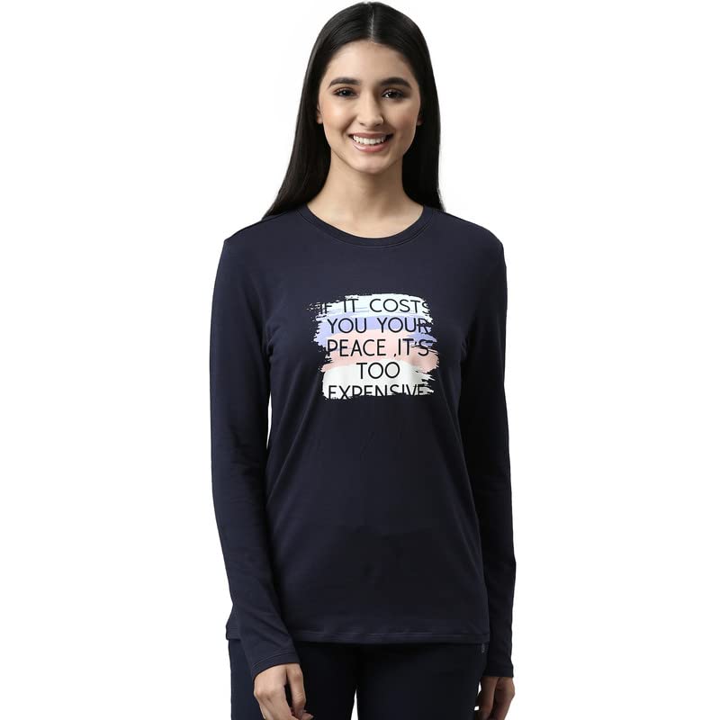 Enamor Essentials Full Sleeve Round Neck Slim Fit Stretch Cotton Lounge Tshirt for Womens-E157 (E157_Navy/ Peace_XL)