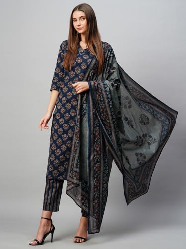 ANNI DESIGNER Womens Cotton Blend Straight Printed Kurta with Pant & Dupatta (Bagwara Blue-KBV_XXL_Blue_XX-Large)