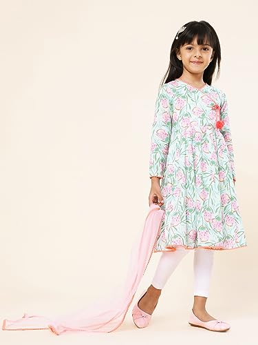 A.T.U.N. (All Things Uber Nice) Girls Printed Angrakha Pure Cotton Kurta With Leggings & Dupatta
