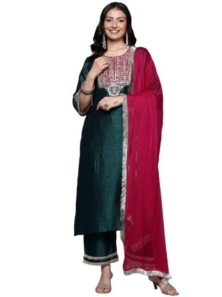 Varanga Women'S Contrast Zari Embroidered Kurta With Bottom And Dupatta