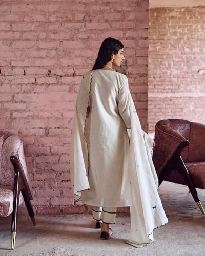 ANNI DESIGNER Womens Rayon Blend Straight Embroidered Kurta with Pant & Dupatta (Thread White_XXL_White_XX-Large)