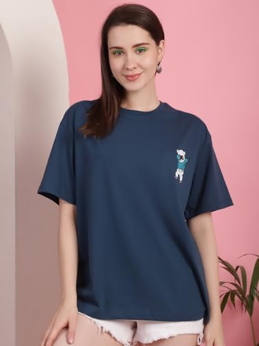 Preneum Womens Cotton Graphic Latest Printed Baggy Fit Drop-Shoulder Sleeves Cotton Oversized T-Shirt || Round Neck || Half Sle