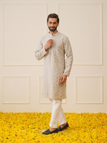 Jompers MenS Grey Chikankari Embroidered Kurta Pyjama Set