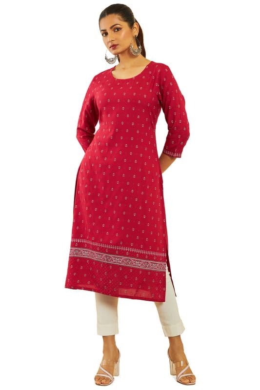Soch Womens Maroon Rayon Floral All-Over Print Round-Neck Straight Kurta