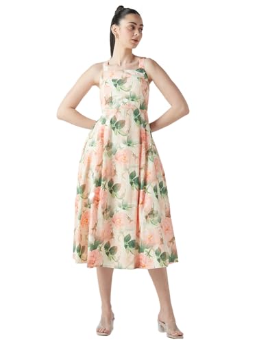 Bewakoof WomenS All Over Printed Regular Fit Sleeveless Square Neck Poplin Cotton Midi Dress_645119_Off White_Xl