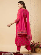 ANNI DESIGNER Womens Cotton Blend Straight Printed Kurta with Pant & Dupatta (NOV-Pink-NSW_S_Pink_Small)