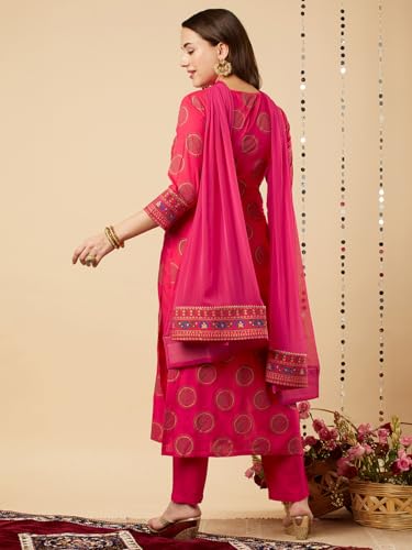 ANNI DESIGNER Womens Cotton Blend Straight Printed Kurta with Pant & Dupatta (NOV-Pink-NSW_S_Pink_Small)