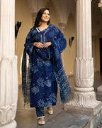 ANNI DESIGNER Womens Rayon Viscose Printed Straight Kurta with Pant & Dupatta (MURGAN Blue_S_Blue_Small)