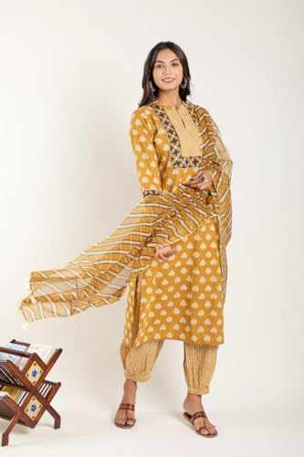 Yashika Women'S Floral Printed Cotton Blend Straight Kurta Afghani Pant Dupatta Set-Ethnic Elegance Embodied | Perfect Fusion Of Tradition And Style