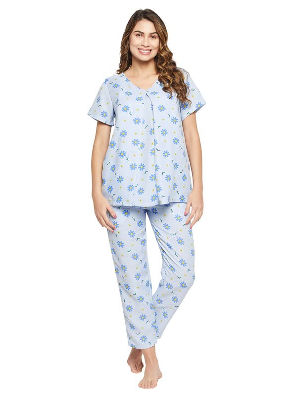 Clovia Womens Rayon Pretty Florals Feeding Top & Pyjama Set in Blue (LS0263P03_Blue_S)