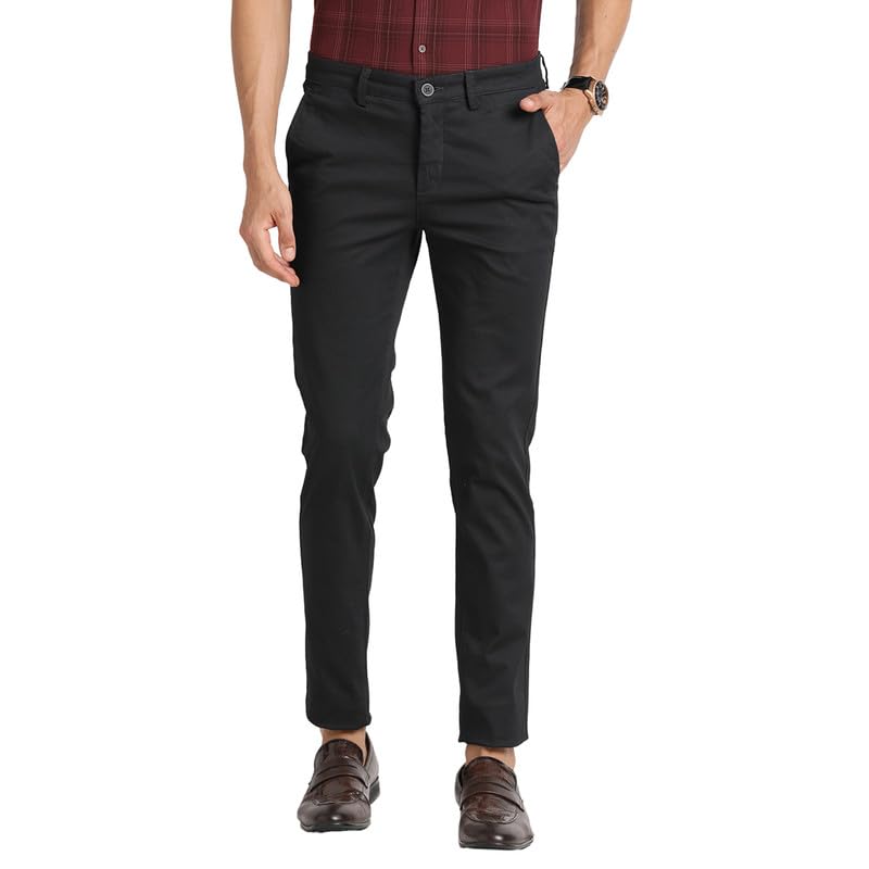 Turtle Men 100% Cotton Black Plain Narrow Fit Flat Front Casual Trouser