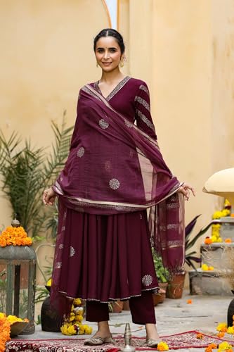 ANNI DESIGNER Womens Cotton Blend Printed Anarkali Kurta with Pant & Dupatta (Berlin Wine_4XL_Wine_XXXX-Large)