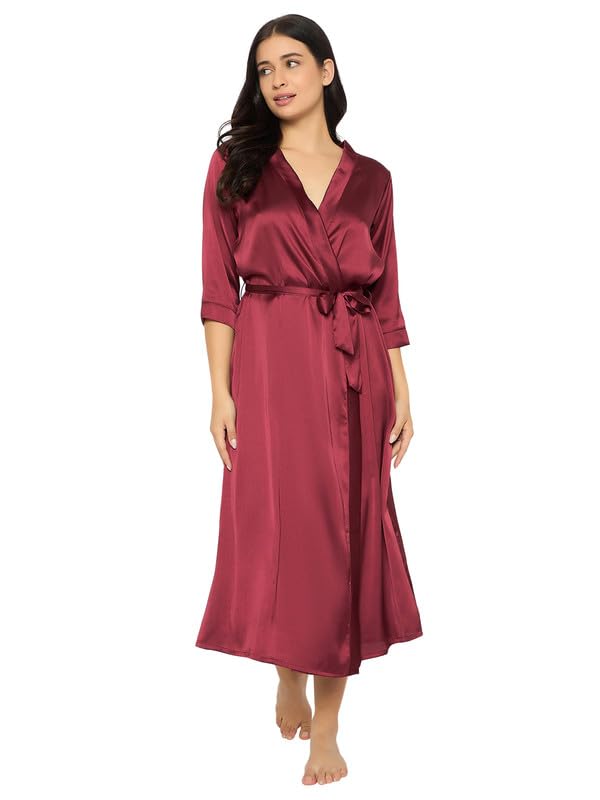 Clovia WomenS Satin Solid Padded Long Night Dress (Ns6474R09_Maroon_L)