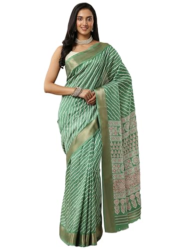 Green Leheriya Printed Silk Blend Saree With Unstitched Blouse Piece