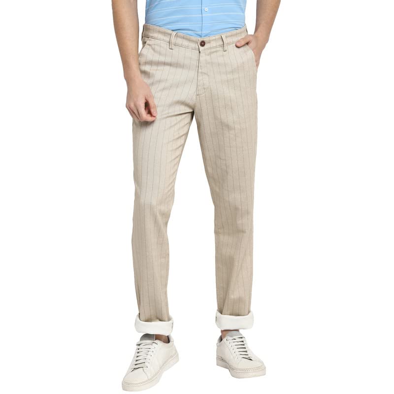 Turtle Men Beige Narrow Fit Striped Casual Trousers