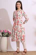 W For Woman Light Beige Floral Printed Rayon Flax Anarkali Kurta With Lace