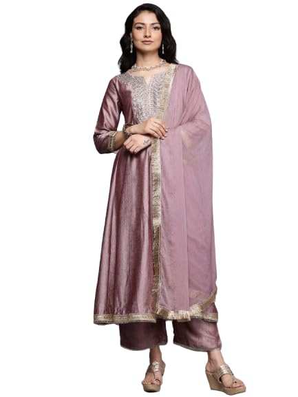 Varanga Women Mauve Zari Embroidered Sequins Embellished Anarkali Kurta With Bottom And Dupatta