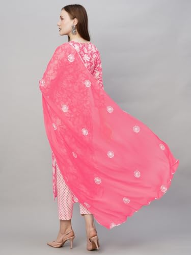 ANNI DESIGNER Womens Cotton Blend Straight Printed Kurta with Pant & Dupatta (MEI Pink_XXL_Pink_XX-Large)