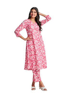 Ishin Women Pink Floral Printed Kurta With Trousers| Cotton Kurta Set| Kurta Set For Women