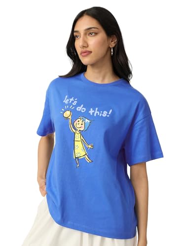 The Souled Store Inside Out: Joy Women and Girls Short Sleeves Round Neck Blue Graphic Printed Cotton Oversized T-Shirts
