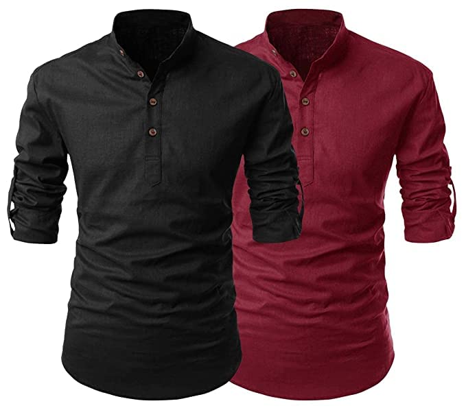 Finivo Fashion Combo Of MenS Regular Fit Cotton Blend Solid Full Sleeves Kurta | Short Kurta For Men (Pack Of 2)